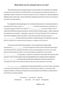 A cause/effect transitions worksheet using an essay about the effects of computers to help academic writing students develop a deeper understanding of cause/effect transitions.