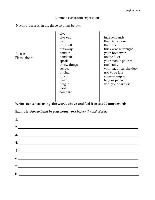 Classroom Language and Vocabulary Worksheets - Eslflow