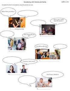 Short dialogues and speech bubbles for socializing with friends and family speaking skills exercise.