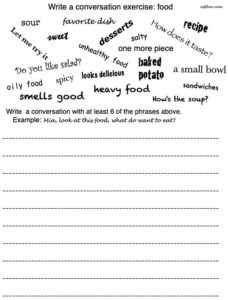 Elementary food and eating conversation or dialogue writing exercise for English language students.