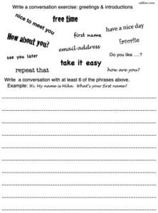 Elementary greetings and introductions conversation or dialogue writing exercise for English language students.