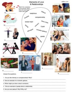 Love and relationships vocabulary and questions for English language students.