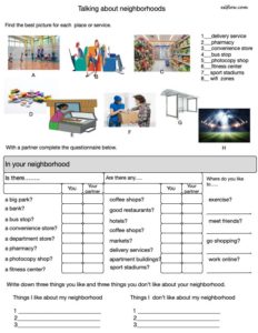 Talking about neighborhoods speaking activity for students