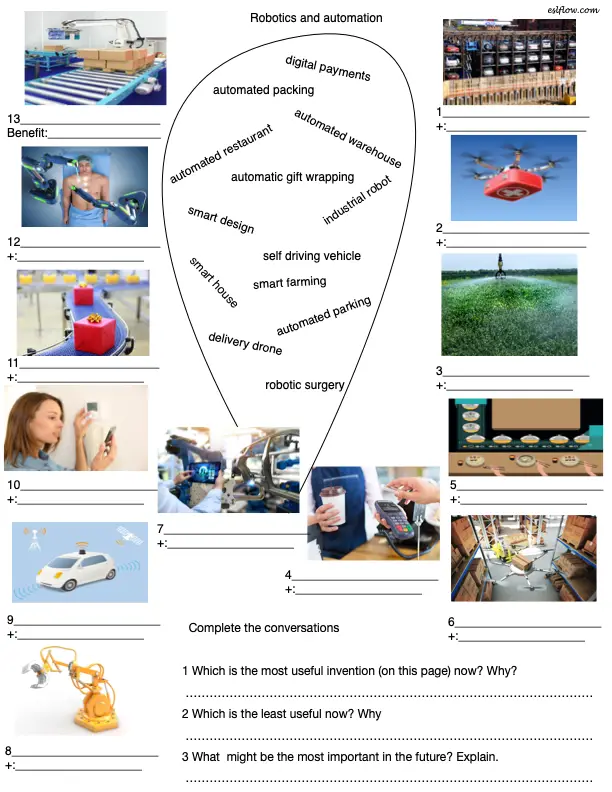 Classroom worksheet for brainstorming the benefits of robotics and automation