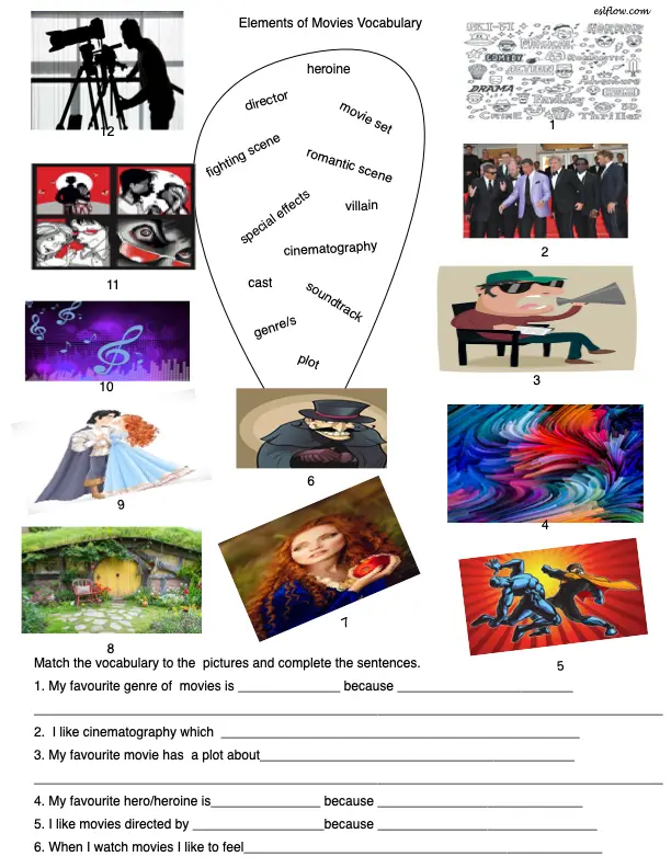 Elements of movies language, vocabulary and speaking activities.